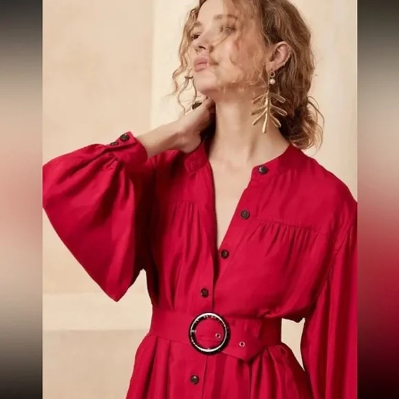 NWT! BANANA REPUBLIC RED SUNSET FLOUNCE HEM MINI DRESS - Size LARGE 💛 - Picture 2 of 4